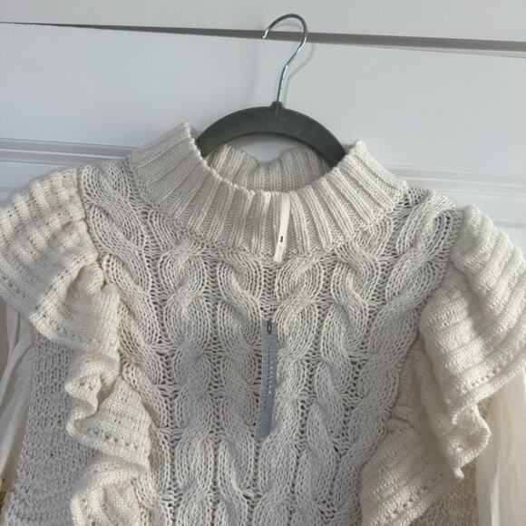By Anthropologie Mixed Cable Knit Ruffle Sweater Petite - Picture 6 of 9